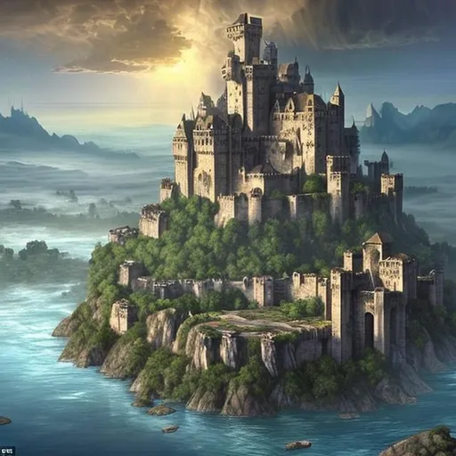 Prompt: A massive medieval city floating on a massive rock above the clouds with waterfalls falling from the side of the floating island. In the center of the city sits a massive castle on a small hill. The image looks a painting