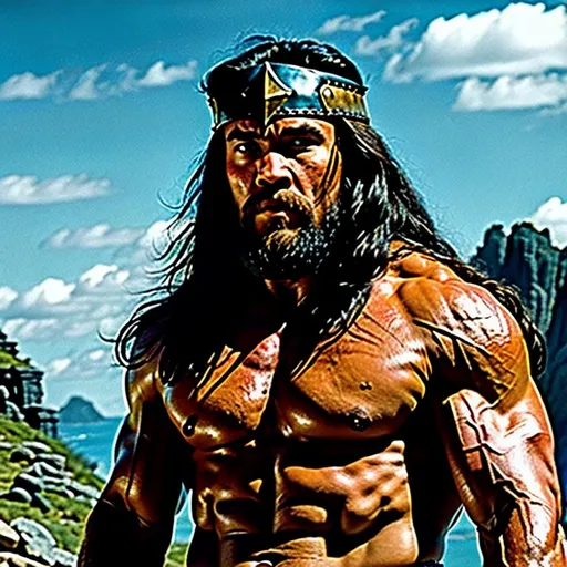 Prompt: Conan the Barbarian, highly detailed , masterpiece, 4k, hdr. cinematic, close-up , coming towards camera, mythology 