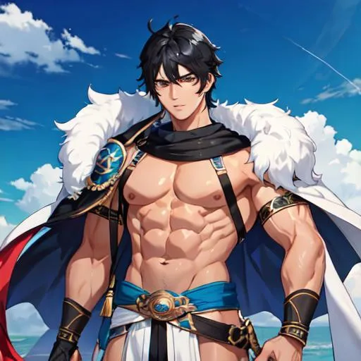 Prompt: Male (black hair in the front blue hair in the back) (brown eyes) buff, muscular. UHD, 8K, 