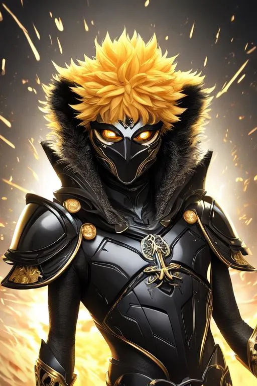 Prompt: (masterpiece), (best quality:1.2), (intricate detail), dynamic angle, looking at viewer, (1male), ((solo)), (((full body))), (slender), (((black nose))), (((bright yellow fur))), ((black pupils)), (((light armor))), black armor, ((cloak)), mysterious, ((ominous expression)) goofy mc cheese