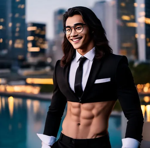 Prompt: an attractive extremely-long haired 20-years old smiling man with abs and eyeglasses wearing a crop top black suit and tie with black suit pants and a bare navel, outside the city background, sideview perspective