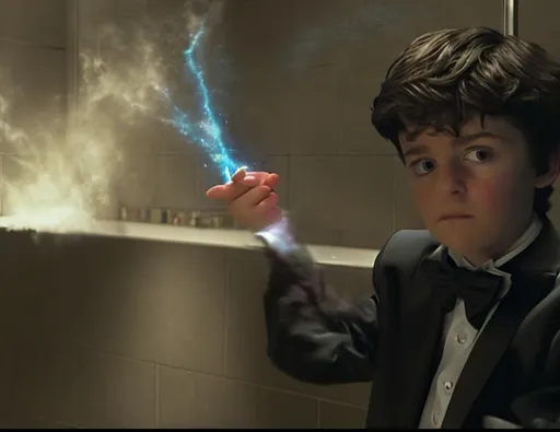 Prompt: 13 year old boy in a tuxedo casting a crazy magic spell from the outside of a bathroom stall with his magic wand, but the spell he cast happens on the inside of the bathroom stall because he cast the spell on the person inside who was warring a T shirt 