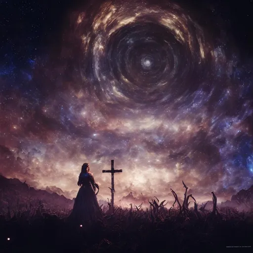 Prompt: An epic fantastic realism comic book style painting of the most beautiful spinning CROSSES , launched across the dark and starry night sky,  fisheye, unreal 5, DAZ, hyperrealistic, octane render, dynamic lighting