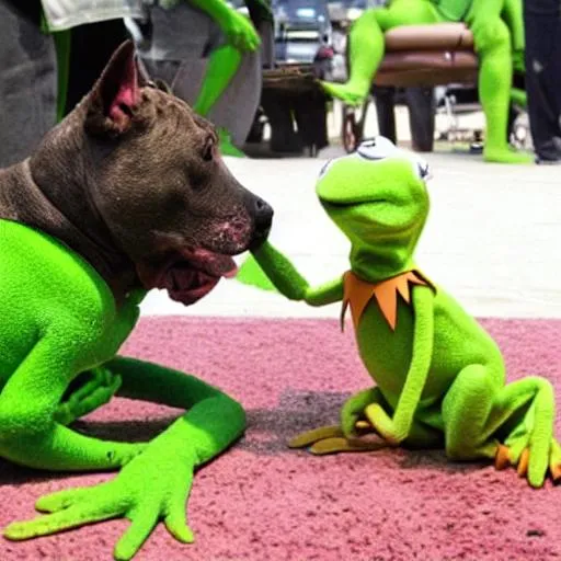 Prompt: pit bull killing kermit the frog amazing battle