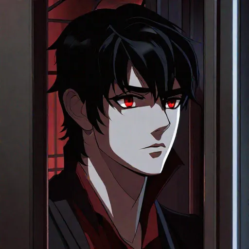 Prompt: Damien (male, short black hair, red eyes) staring out the window, stalking, sadistic look on his face