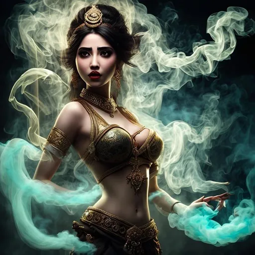 Prompt: beautiful female smoke genie coming out of the magic lamp hyper realistic extremely detailed dark cinematic style of vallejo