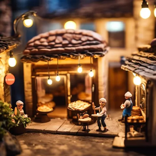 Prompt: Tiny wooden bakery, tiny people, stone oven, busy customers at night 