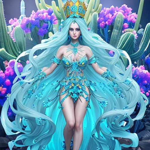 Prompt: Full body aquamarine Queen, full lips, blue eyes, flowers, cactus, crisp, gilded, intricate, flowing, 
led, hyper-detailed, 64K, UHD, HDR, unreal engine, vivid colors