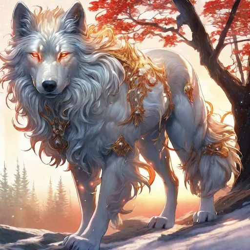 Prompt: Insanely beautiful (canine quadruped) that is glowing, thick brilliant pearl-white mane, on two legs, translucent, luminescent, illusion, glistening fiery mane, glows like the sun, flaming red eyes, majestic wolf face, energetic fox, in a magical forest near a lake, moonrise, beneath the stars, crystal lake, corona, glowing outline, waterfall, bioluminescent, highres, best quality, concept art, epic digital art, intricately detailed, cinematic, 8k eyes, highly detailed eyes, highly detailed, 64k, vibrant, UHD, professional, intricately detailed background