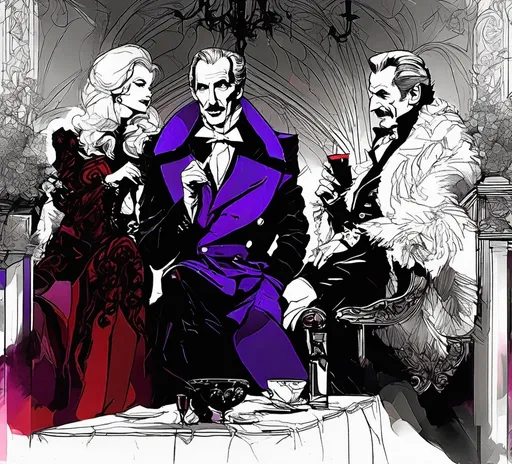 Prompt: (Vincent Price as Van Hellsing conversing with Peter Cushing as Count Dracula), Black and White pen and ink sketch style, dark color scheme, elegantly gothic attire, intricate details, dim lighting, dramatic shadows, opulent background, luxurious textures, ornate furniture, deep reds and blacks, baroque patterns, solemn atmosphere, rich color tones, dark romanticism, ultra-detailed, 4K, photorealistic masterpiece, timeless elegance.