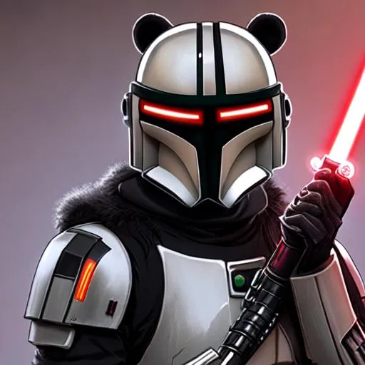 Prompt: cyberpunk panda lightsaber mandalorian