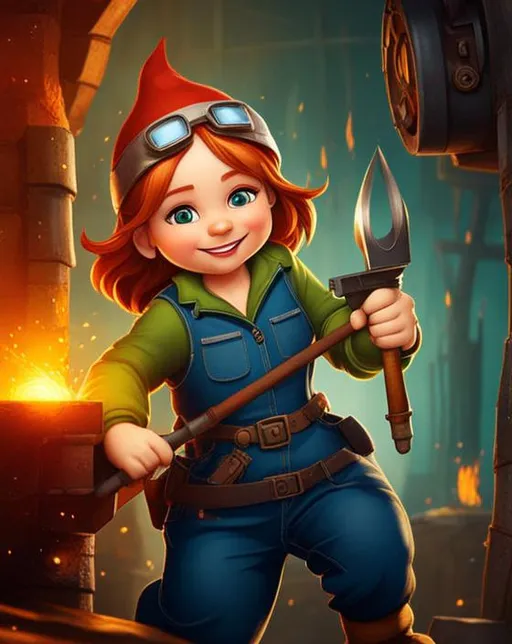 Prompt: A female gnome engineer in overalls, working, red-haired, freckled cheeks, blue eyes, detailed background, working in a forge, bandaged hands, perfect hands, holding a torch-welder, goggles, HD, High-Quality, looking at viewer
