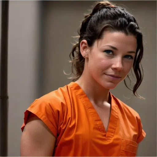 Prompt: young evangeline lilly in prison wearing orange scrubs prison uniform