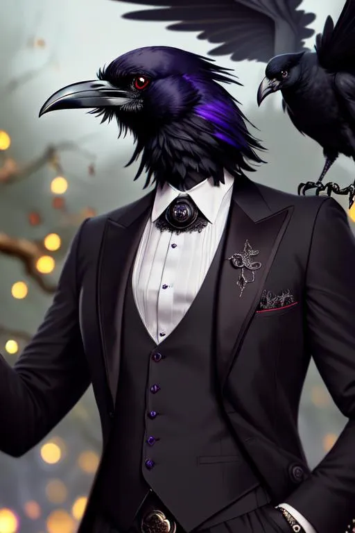 Prompt: character concept art Portrait of Anthropomorphic raven wearing pince-nez glasses dressed like a gentleman Hands folded human body black suit intricately designed perfect composition, hyperrealistic, super detailed, 8k, high quality, trending art, trending on artstation, sharp focus, studio photo, intricate details, highly detailed, background fairy lights, brokeh, woods gothic