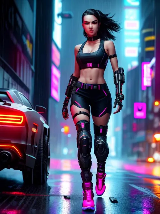 Prompt: cyberpunk edge runner style, In the neon-lit streets of a cyberpunk city, a fierce and stylish edgerunner strides through the rain, a deadly gun in her hand and a pack of sleek robotic motorcycles at her heels. Her eyes flash with determination as she dodges and weaves through the onslaught of enemy fire, her gun barking back in response as she unleashes a barrage of explosive rounds. Her movements are a blur of speed and agility, the raindrops seeming to dance around her in time with the rhythm of battle.

As she fights, the edgerunner's motorcycle transforms into a towering, mechanized robot, its sleek armor glinting in the neon glow. With a mighty roar, it charges forward into the fray, crushing everything in its path as it delivers devastating blows with its massive mechanical fists.

The edgerunner herself is a vision of high-octane energy and style, her sleek black outfit perfectly complementing her lightning-fast moves and deadly accuracy. With her trusty firearm at her side and her robotic steed by her side, she is a force to be reckoned with, a true warrior of the cyberpunk age