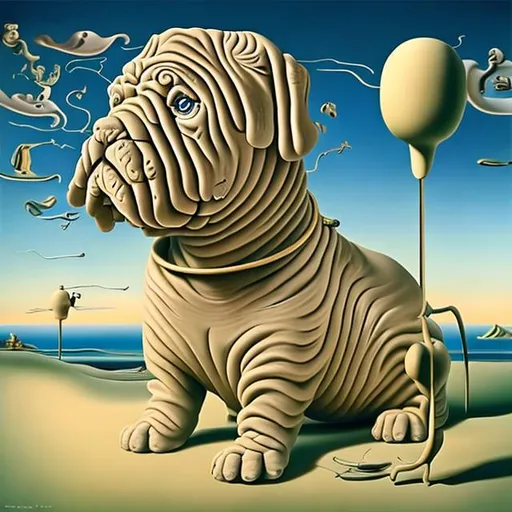 Prompt: shar pei in the style of Salvador Dali. Imagine surreal elements, dreamlike landscapes, and unexpected juxtapositions. In a futuris landscape