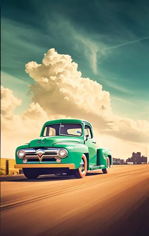 Prompt: A 1949 Ford F-100 Panel Van driving away from a vintage American city skyline. Dramatic sky and clouds.