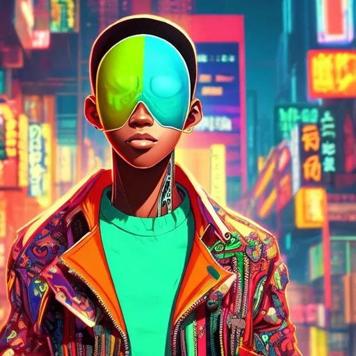 Prompt: Make him a 1/2 human cyborg, Cyberpunk style, a cool guy with regular skin tone. Bright and colorful anime look. Add a background.