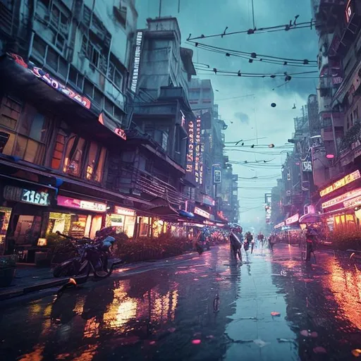 Prompt: Disrupting daily scene, realistic character, details, epic scene, realistic, photo, cinematic, floating lights, a bit of neon, diffusion, umbrellas in the sky, daylight diffusion, reflective wet ground, hanging umbrellas, moody blue sky