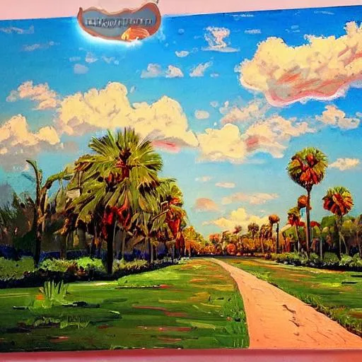 Prompt: A cartoon style florida landscape in the style of Peder Mork Monsted