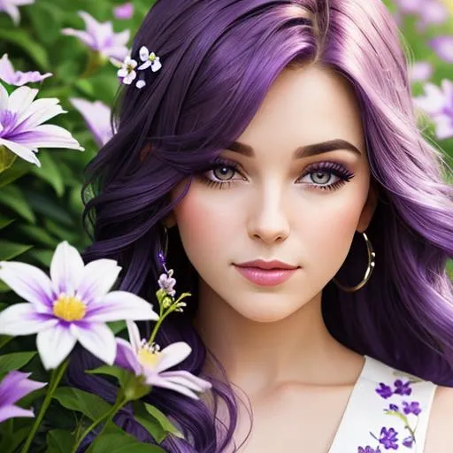 Prompt: Portrait of {woman} with {purple} hair and with cute face, {white and purple flowers}, perfect composition