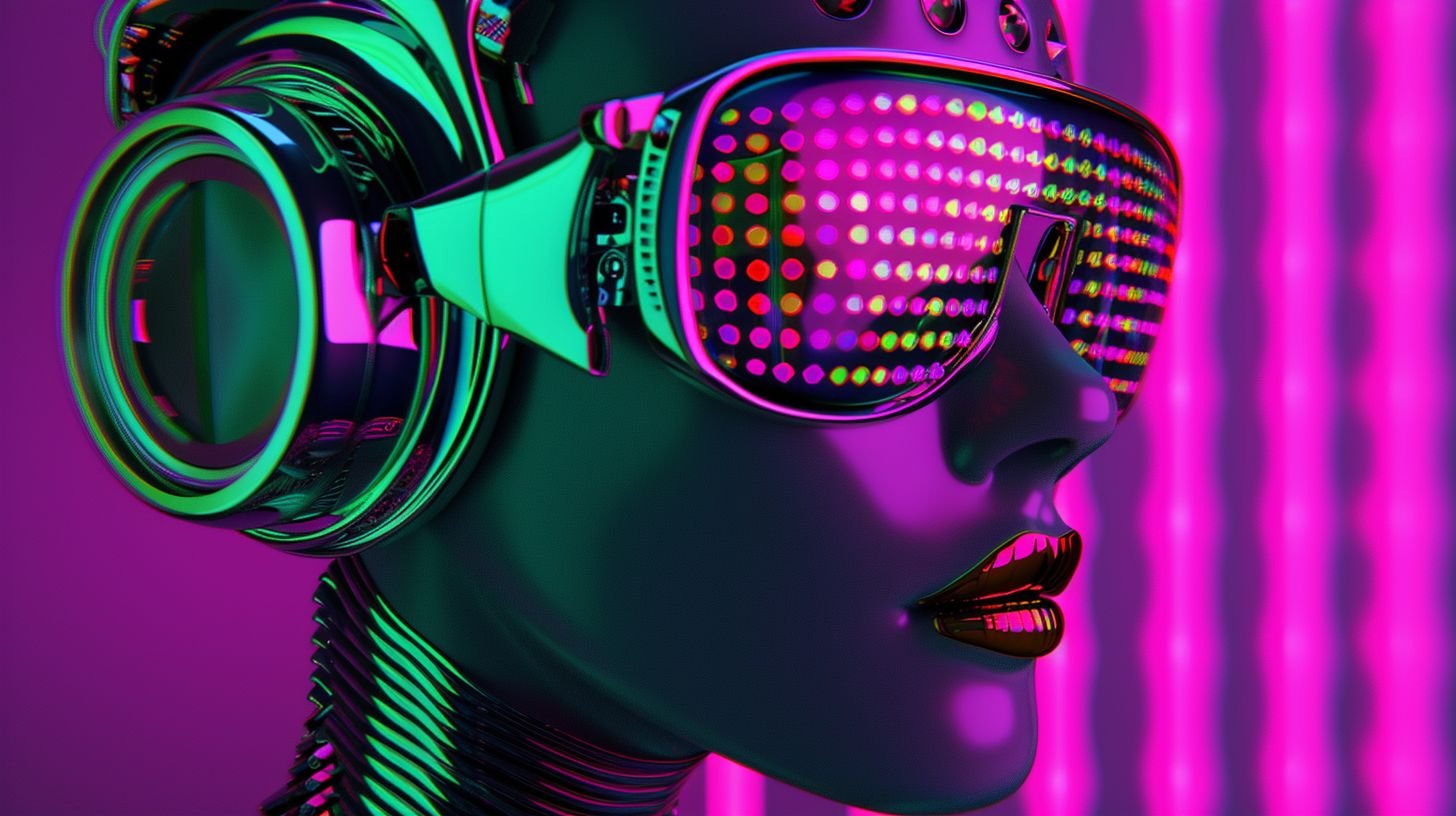 Prompt: female robot in glasses looking at a background, in the style of psychedelic tableaux, intricate costumes, daz3d, mosaic-inspired realism, neon grids, hurufiyya, chromepunk