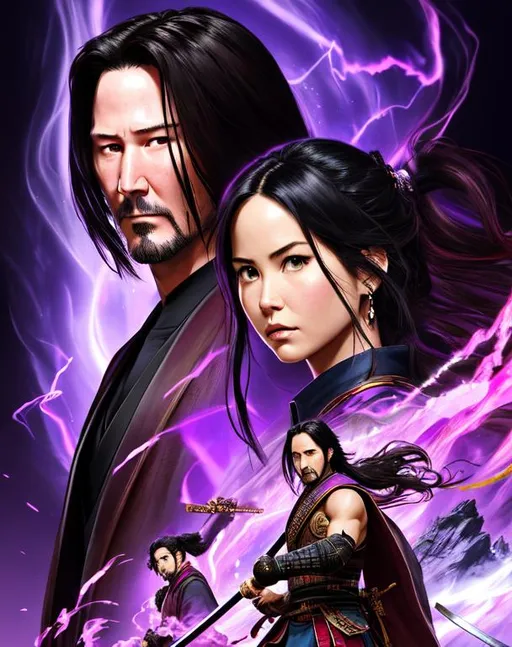 Prompt: Concept art poster 
(Olivia Munn, 16 years old), with (keanu reeves, 26 year old male) as a  samurai, purple samurai artifact gear, dramatic, cinematic lighting, caustic, cave background, sleeveless, black wild hair, brown eyes, ethereal, jewelry set balayage, royal vibe, highly detailed, digital painting, Trending on artstation , HD quality, tan skin, Big Eyes, artgerm, by Ilya Kuvshinov