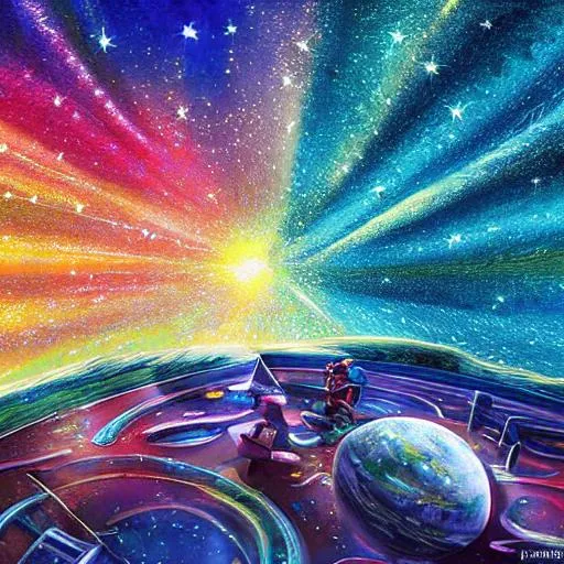 Prompt: Digital art epic perspective background or wallpaper art, brightly colored galaxies, planets, sun, moons and stars, Street art,  background art. Epic perspective ultra detailed digital art