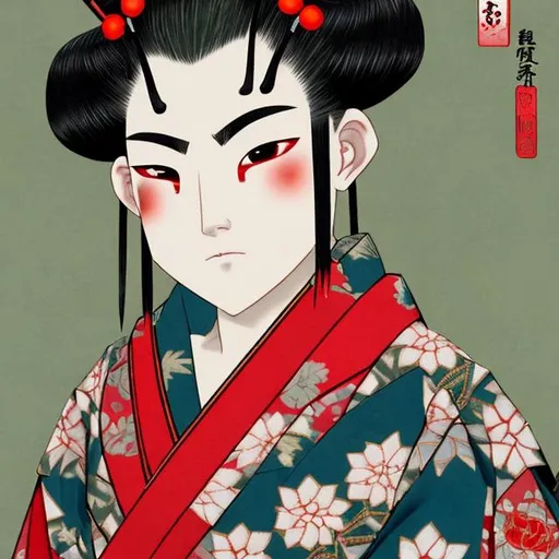 Prompt: High quality portrait of a male Japanese Oiran. He has pale skin and a large scar on his forehead which resembles fire. His hair is black and fades to red. Hair is decorated with gold hairpins. He wears simple-patterned kimonos that are red. He wears a blue spider lily on his left ear and wears a beautiful green obi patterned with black squares to make a checkered pattern.