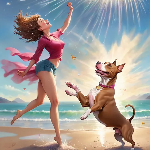 Prompt: a woman and pitbull terrier dog standing on the beach, legs apart, arms outstretched upwards to the sky. head tilted back. Hair flying in the wind. Face is smiling. eyes are closed. Glitter flows out from her heart. up and out and falls like rain. roots grow down from her feet, deep into the earth.