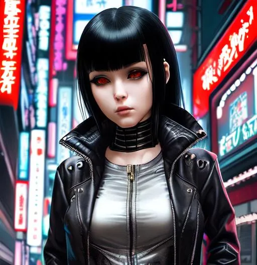 Prompt: A Cyberpunk human Japanese girl with black hair wearing a leather jacket on a futuristic Tokyo on H. R. Giger art style 