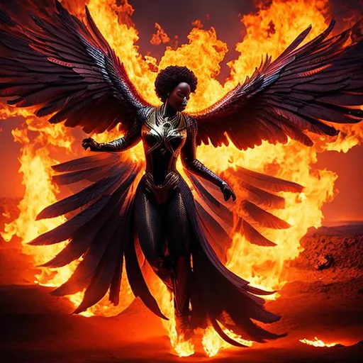 Prompt: Photo of black female human Phoenix rising up out  of the ashes, cinematic lighting, movie poster