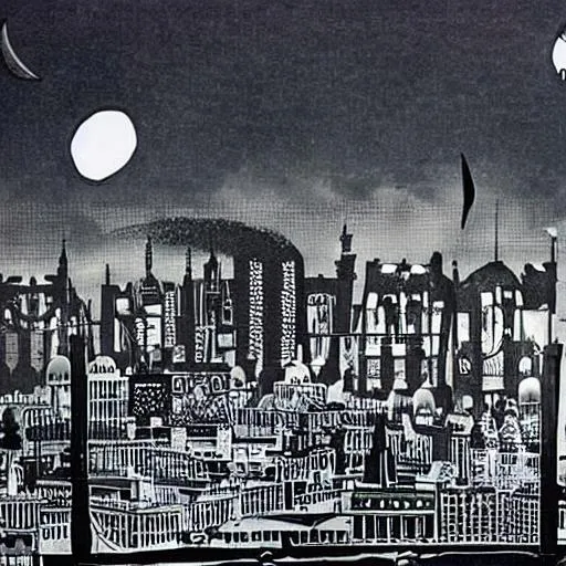 Prompt: A surrealist piece of art showing a backdrop of london at night with the moon cut in half, lots of weird looking people in the street with spitfires crashed into buildings 