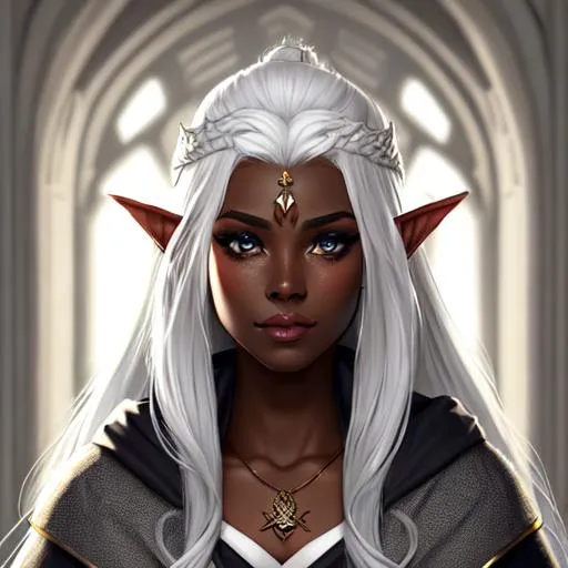 Prompt: dnd, elf, portrait, dark grey skin, white hair, female, Illustration, robes, freckles