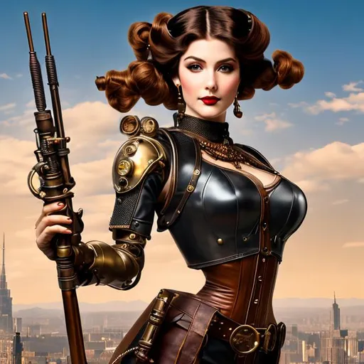 Prompt: 1890s pinup style, A complete body form of a stunningly beautiful, Steampunk style humanoid robot, a radio antenna attached to her head, tousled hair, armed with a rifle, Masterpiece, Best Quality,  detailed, realistic, by Todd Lockwood, by leonardo da Vinci