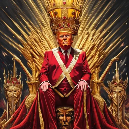 Prompt: Donald trump sitting on a throne, wearing a gold crown that is tipped to the side and crested with large red jewels.  detailed painting in the style of Andy Worhal, Caption the bottom of the image: "King Trump 2024"