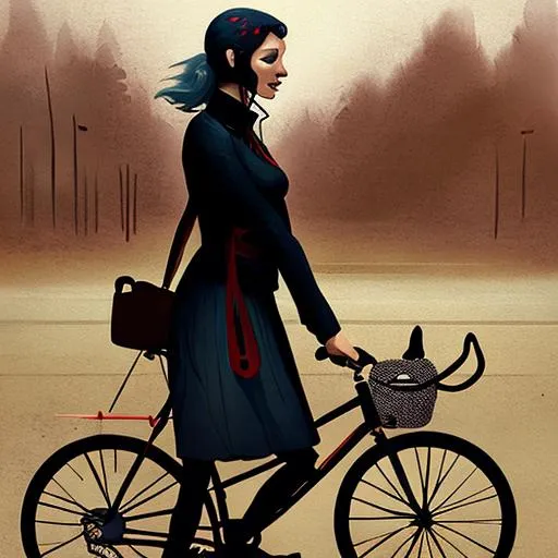 Prompt: Woman with dog, meets man with bicycle, creepy, sharp, digital illustration