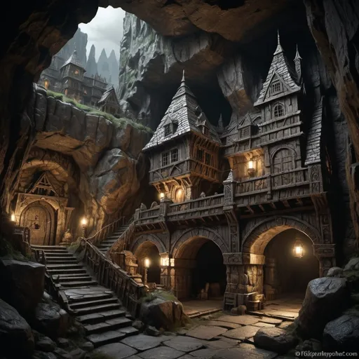 Prompt: Dwarven underground weathered city in Warhammer fantasy RPG style, huge cave, dark mood, eerie atmosphere, dimly lit, various randomly placed houses, realistic, detailed stone carvings, intricate metalwork, rugged dwarven architecture, atmospheric lighting, high resolution, realistic, RPG style, fantasy, underground, dim lighting, detailed stone carvings, intricate metalwork, rugged architecture, dynamic view, seen from distance,