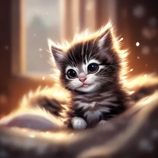 Prompt: Realistic depiction of a cute kitten in a cozy bed, soft fur with intricate details, warm and inviting lighting, peaceful and serene atmosphere, high quality, realistic, detailed fur, cozy setting, adorable, professional, warm tones, peaceful lighting