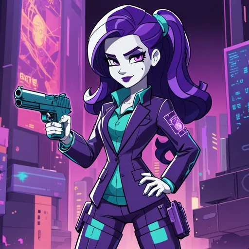 Prompt: cyberpunk equestria girls rarity wearing a cyberpunk business suit and wielding a pistol