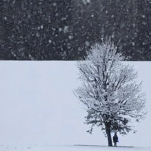 Prompt: A single tree on the hill snowing
