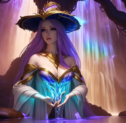 Prompt: 3D HD dramatic cinematic lighting [({one}{Goddess}Sorceress) wearing  liquid Ivory silk], expansive magical waterfall liquid tree sparkles background, hyper realistic, 8K --s98500