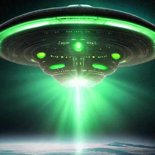 Prompt: Aliens spaceship transporting people on Earth through light ray, all in green