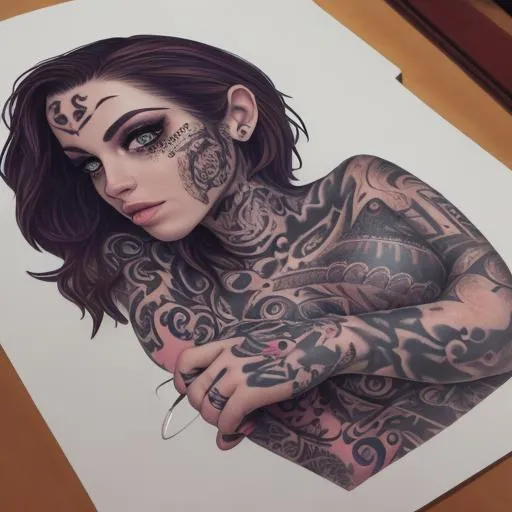 Prompt: ((whole body)) female fully tattooed,drinking coffee,highest of detail quality,highest face quality, highest hand quality