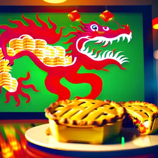 Prompt: Capitalist propaganda poster of a Chinese dragon representing China eating apple pie and buying Bitcoin, advertising poster, vivid colors, cinematic lighting