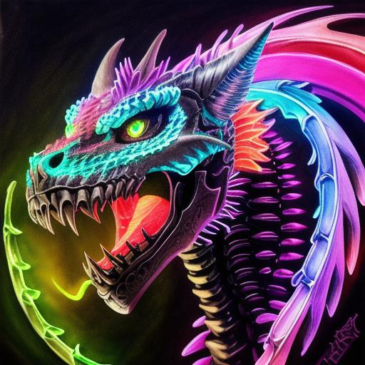 portrait of a roaring neon skeleton dragon with fang... | OpenArt