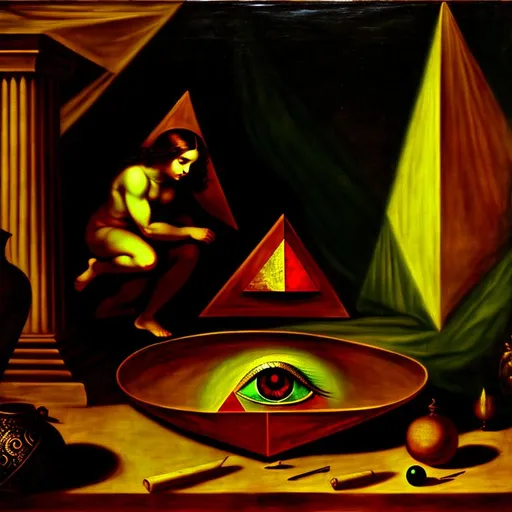 Prompt: renaissance painting, demon, fear, solitude, triangle, eye, alchemy,