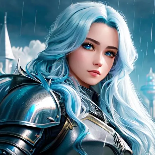 Prompt: 4K, 16K, high quality, extremely detailed, highly realistic, picture quality, cyan long hair (curly - wavy ) (female), eyeliner, knight armor (silver - white), steel sword, fantasy city, war-zone, fantasy, flames, crows, raining, knight/general (female)