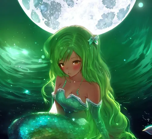 Prompt: Anime, Princess, Ebony Skin, Mermaid, Lake, Water, Moonm Busty, 4k, HD, High Quality, Effect.
