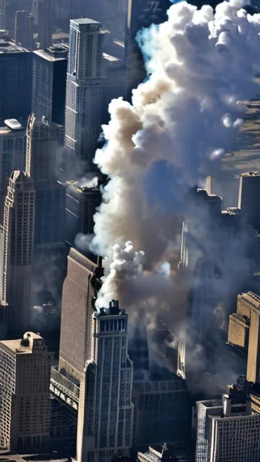 Prompt: Willis tower collapse by burned in Chicago. Making a huge dust around city.